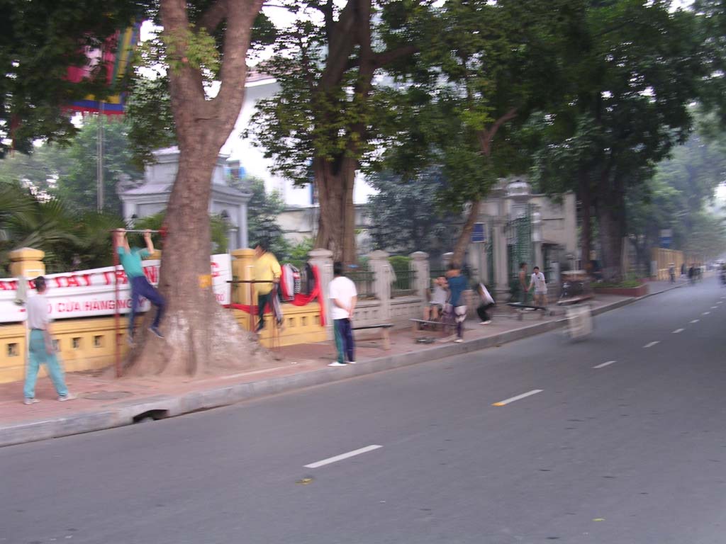 Camera-shake, but you can make out the gymnastic equipment by the road, and the chaps using it